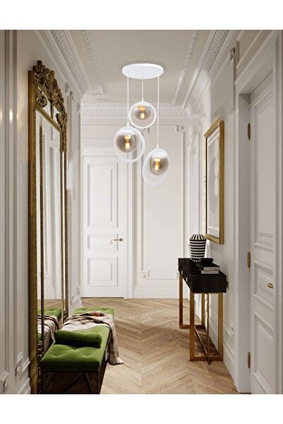 avizade Halka 3 Lu Tepsi. Glop Füme Rengi Camlı Beyaz Avize. Salon, Mutfak, G...