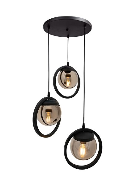 avizade Halka 3 Lu Tepsi. Glop Füme Rengi Camlı Siyah Avize. Salon, Mutfak, Genç, Odası, Yatak Odası, Mağaza