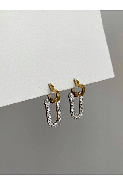 Owentis أقراط متدلية من الفولاذ المقاوم للصدأ بحجر ذهبي مرس موديل - لا تشويه -