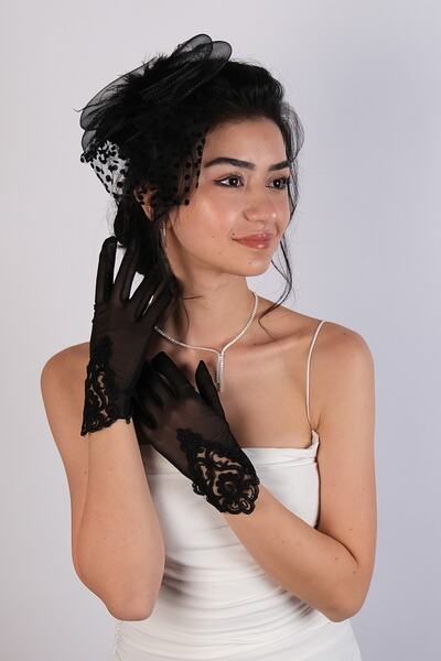 Limelia Siyah Dantelli Gelin Eldiveni Ve Puntiyeli Gelin Vualeti