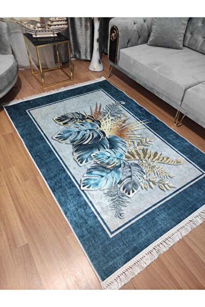 Modern home Gold Detaylı Yaprak Desenli Dijital Baskı Salon Halısı Yıkanabili...