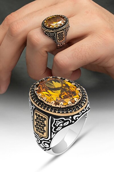 ALYANSEVİM Sarı Sitrin Taşlı 925 Gümüş Erkek Yüzük