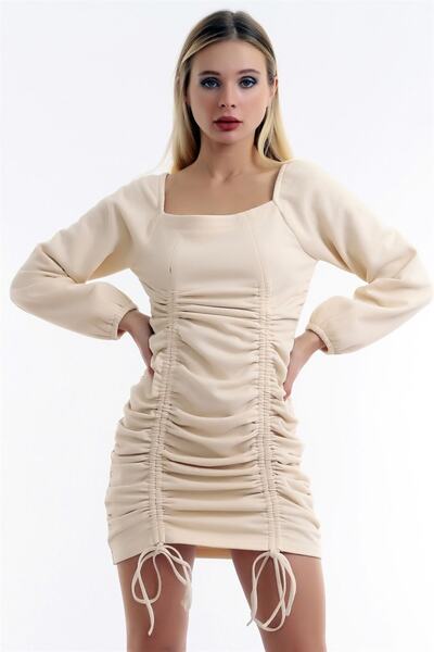 Dreamlike فستان قصير ناعم بياقة على شكل U وأكمام طويلة وأكمام مرنة من الأمام