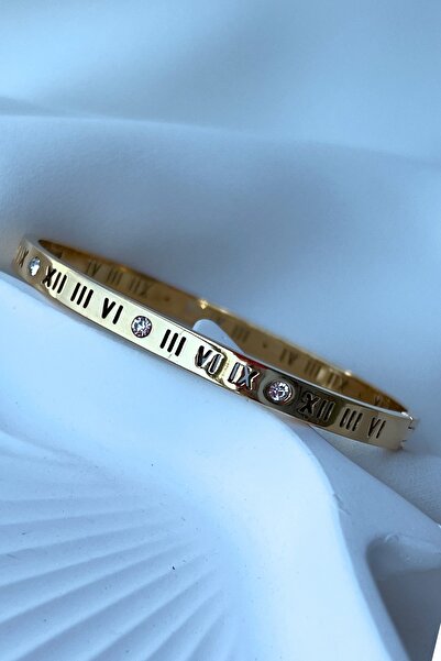 MODA Çelik Roma Rakamlı Kadın Kelepçeli Bilezik Gold Kararmaz 17 Cm Bilek Uzu...