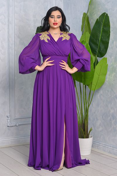 Matik Abiyem Chiffon Design V Off-Shoulder Flower Accessory Sleeves Long Balloon Transparent Long Evening Dress