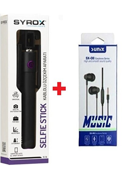 syroxs Kablolu Selfie Çubuğu Telefon + Kulak Içi Kulaklık