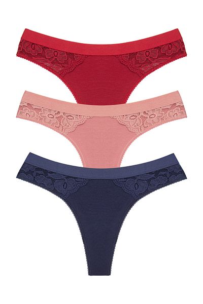 Zena Cotton Thong Panties Set of 3 - Elastic Waist