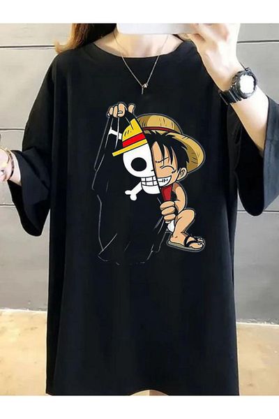DEEPSENCE Tricou oversize cu imprimeu frontal cu caracter anime3d negru pentru femei