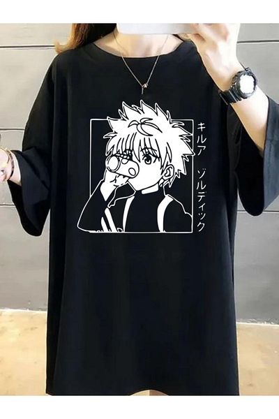 DEEPSENCE Tricou oversize cu imprimeu frontal cu personaj anime negru pentru femei