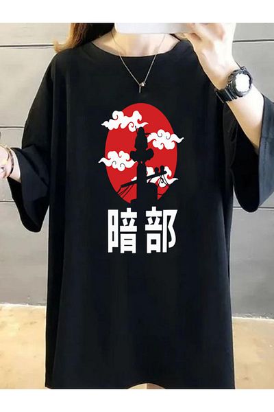 DEEPSENCE Tricou oversize cu imprimeu frontal pentru femei, negru, Anime Corvo Naruto