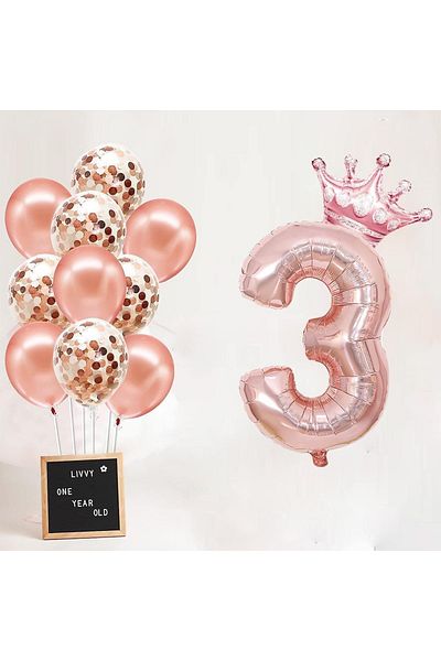 Patladı Gitti 3 Number Rose Gold Foil Balloon, Rose Gold Balloon with King's Crown and Confetti