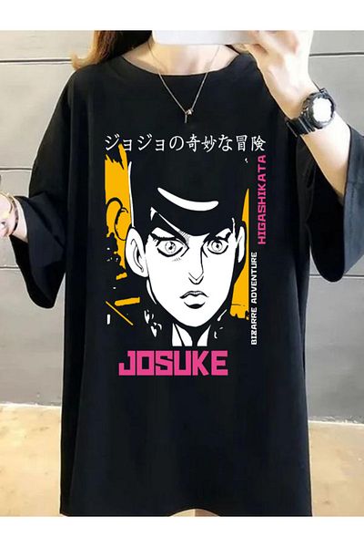 DEEPSENCE Tricou oversize cu imprimeu frontal cu personaj anime Josuke negru pentru femei
