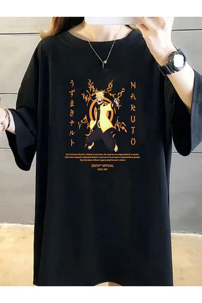 DEEPSENCE Tricou oversize cu imprimeu frontal cu personaj Naruto1 negru pentru femei