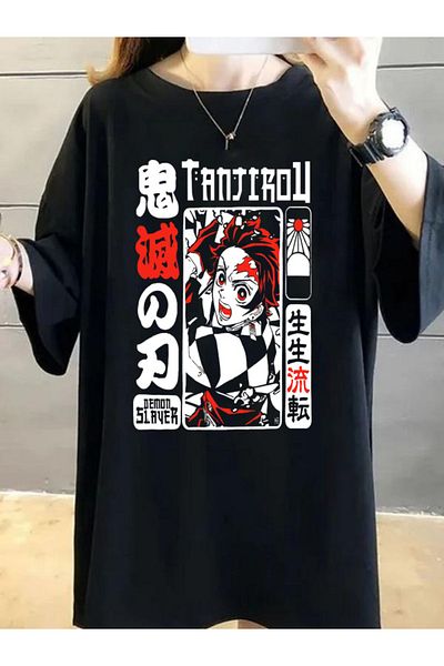 DEEPSENCE Tricou oversize cu imprimeu frontal cu personaj anime Tanjirul negru pentru femei