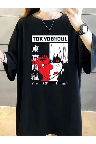 DEEPSENCE Tricou oversize cu imprimeu frontal cu personaj anime negru Tokyoghoul pentru femei