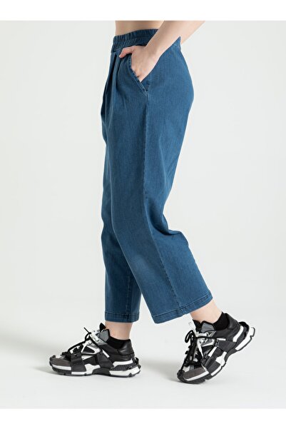 RUBYSTARS Mavi Salaş Kesim Beli Lastikli Ön Pile Detay Lavados Ince Kot Pantolon