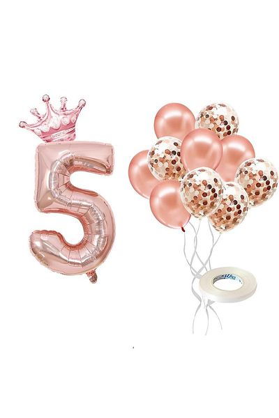 Patladı Gitti 5 Number Rose Gold Foil Balloon, Rose Gold Balloon with King's Crown and Confetti