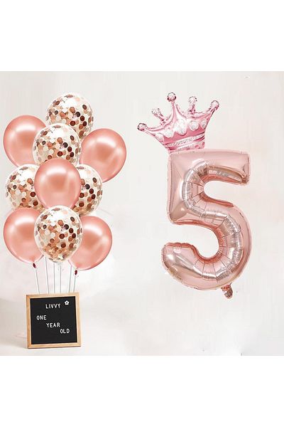 Patladı Gitti 5 Number Rose Gold Foil Balloon, Rose Gold Balloon with King's Crown and Confetti