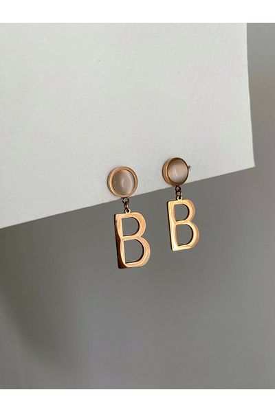 Owentis Steel Rose Gold Pearlescent Letter B Earrings - Does not blacken-