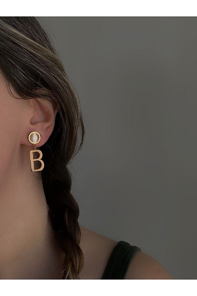 Owentis Steel Rose Gold Pearlescent Letter B Earrings - Does not blacken-