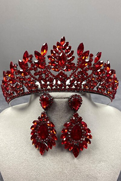 FdayAksesuar Κόκκινο Σετ Στέμμα Νύφης και Βραδινά Σκουλαρίκια με Πέτρες Χένα ...