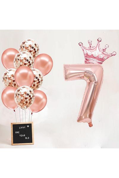 Patladı Gitti 7 Number Rose Gold Foil Balloon, Rose Gold Balloon with King's Crown and Confetti