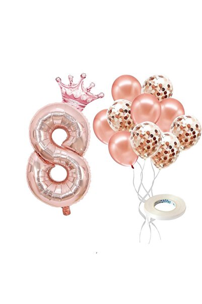 Patladı Gitti 8 Rakam Rose Gold Folyo Balon, Kral Tacı Ve Konfetili Rose Gold...