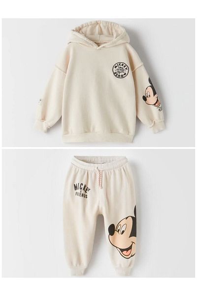 Disney Mickey Mouse طقم ملابس للأطفال والرضع بغطاء للرأس من ميكي ماوس باللون البيج