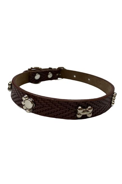 Doglife Brown Leather Small Dog Collar with Paw and Bone Studded, Neck: 27-36 cm