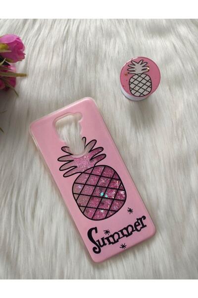 Aksesuarda Moda Xiaomi Redmi Note 9 Uyumlu Sulu Simli Pop Socketli Silikon Kılıf