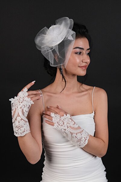 Limelia Mănuși de mireasă din dantelă și șapcă de mireasă