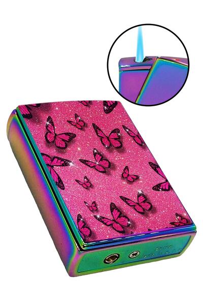 İŞTE BU Kelebek Baskılı Yandan Kaydırmalı Lüks Gazlı Pembe Çakmak