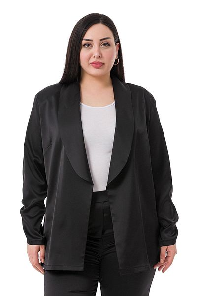 DISENTIS MODEST Μαύρο σατέν μπουφάν Plus Size - Σάλι γιακά και λεπτομέρεια με κορδόνι