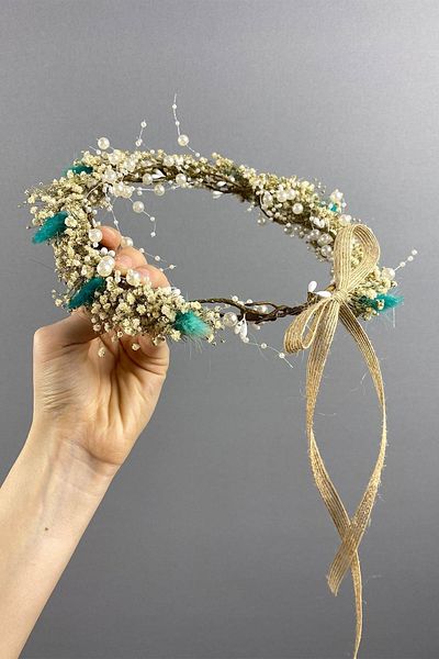 Hobigram Bumbac verde apă Cremă cu buruieni Chipsy Organizare Coroană de fotografiere pentru mireasă – Bandă de păr, design elegant