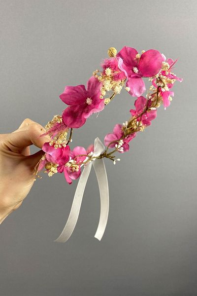 Hobigram Coroană de fotografiere pentru exterior pentru mireasă, cu ortenzi fucsia, din bumbac, cu iarbă, cu chipsuri – bentiță, design elegant