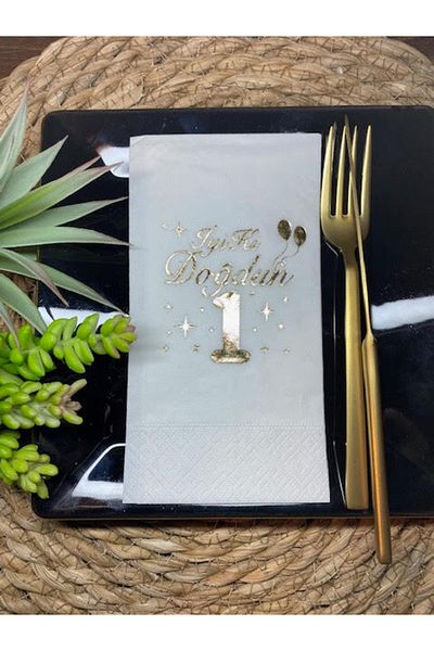 kidspartim Χρυσό επιχρυσωμένο λευκό One Year Old Happy Birthday Waiter Folding Napkin 16 τμχ