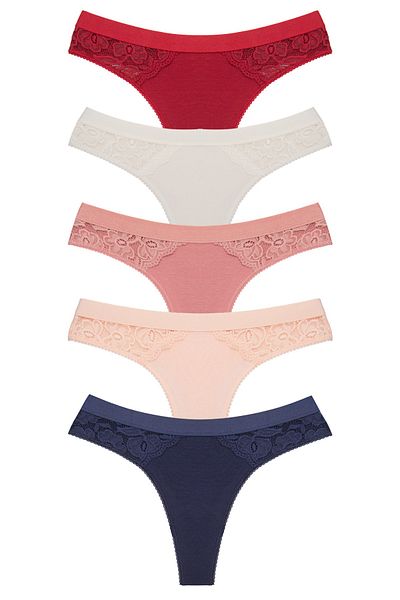Zena Cotton Elastic Waist 5-Piece Women's Thong Pants Set