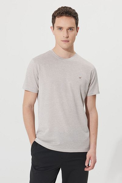 AC&Co / Altınyıldız Classics Men's Mink-white Easy-Iron Slim Fit Slim-Fit Crew Neck Jacquard T-Shirt