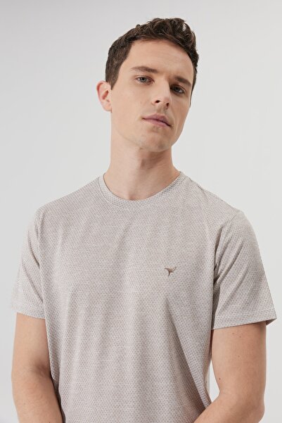 AC&Co / Altınyıldız Classics Men's Mink-white Easy-Iron Slim Fit Slim-Fit Crew Neck Jacquard T-Shirt