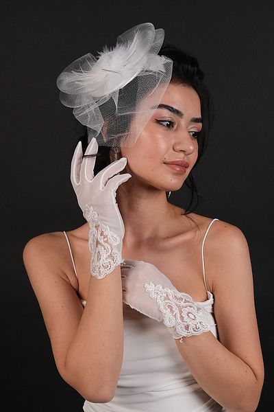Hayalperest boncuk Set mănuși și pălărie de mireasă cu dantelă albă