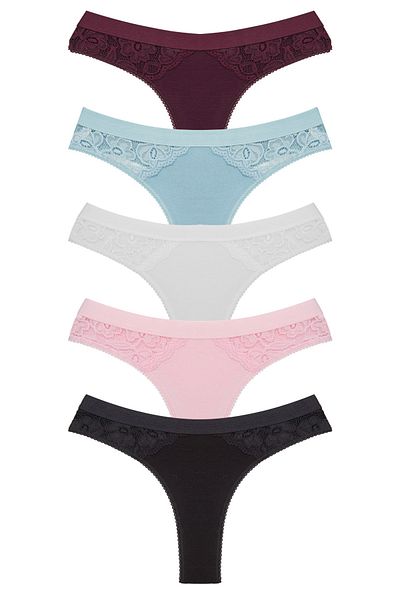Zena Cotton Elastic Waist 5-Piece Women's Thong Pants Set