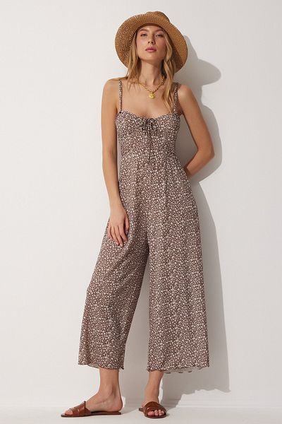 Happiness İstanbul Geblümter Sommer-Strickoverall mit Trägern
