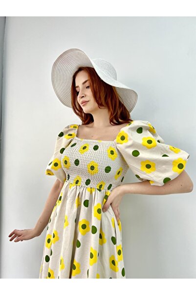 modabetce Yellow Floral Patterned Balloon Sleeve Guiped Diana Women's Dress -...