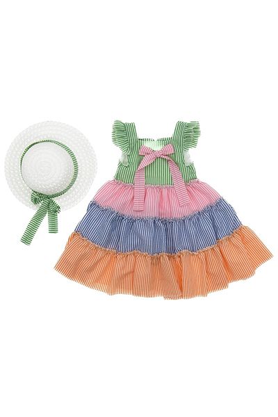 UMKEM Rochie pentru copii cu fața și pălărie cu dungi colorate, 5-10 ani