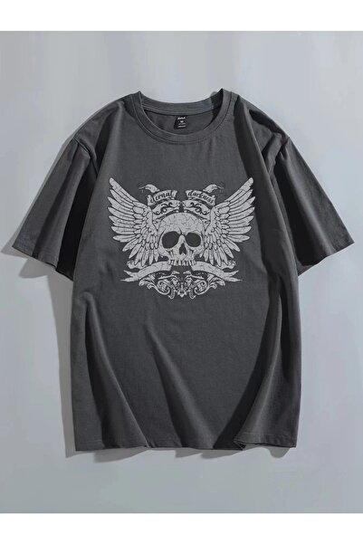 Daxia Unisex Kurukafa Baskılı Oversize Bisiklet Yaka Tshirt