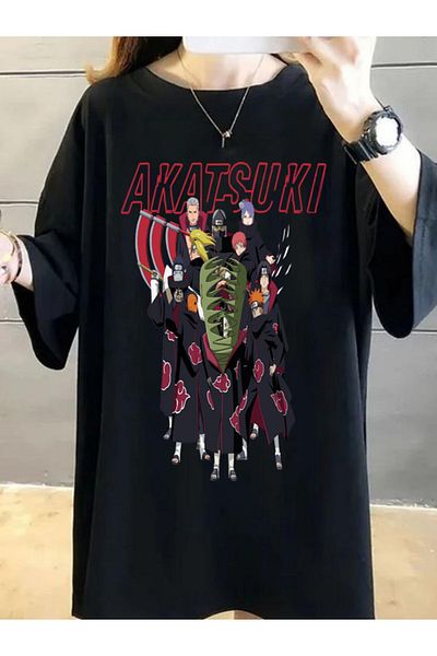 DEEPSENCE Tricou oversize cu imprimeu frontal cu caracter Anime Akatsuki negru pentru femei