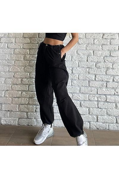 LİMABEL Women's Black Elastic Waist Adjustable Stopper Parachute Pants