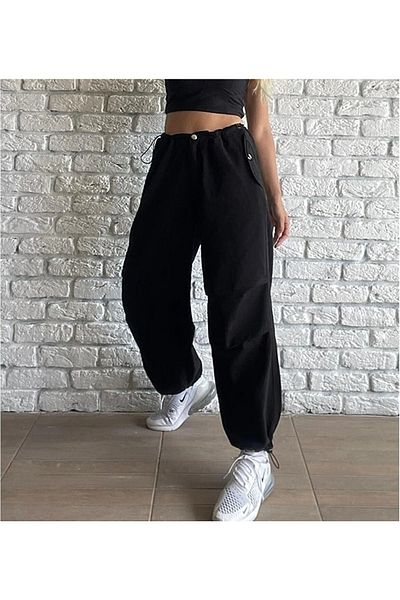 LİMABEL Women's Black Elastic Waist Adjustable Stopper Parachute Pants