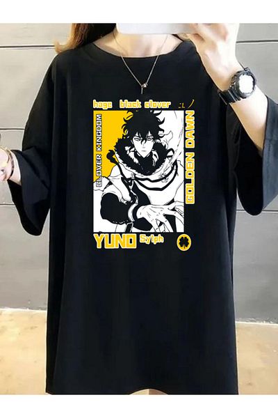 DEEPSENCE Tricou oversize cu imprimeu frontal cu personaj anime Yuno negru pentru femei