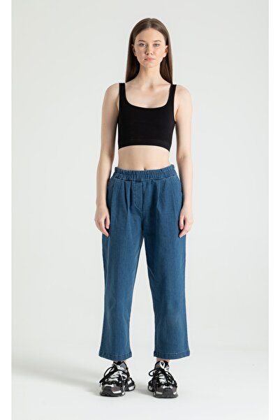 RUBYSTARS Mavi Salaş Kesim Beli Lastikli Ön Pile Detay Lavados Ince Kot Pantolon